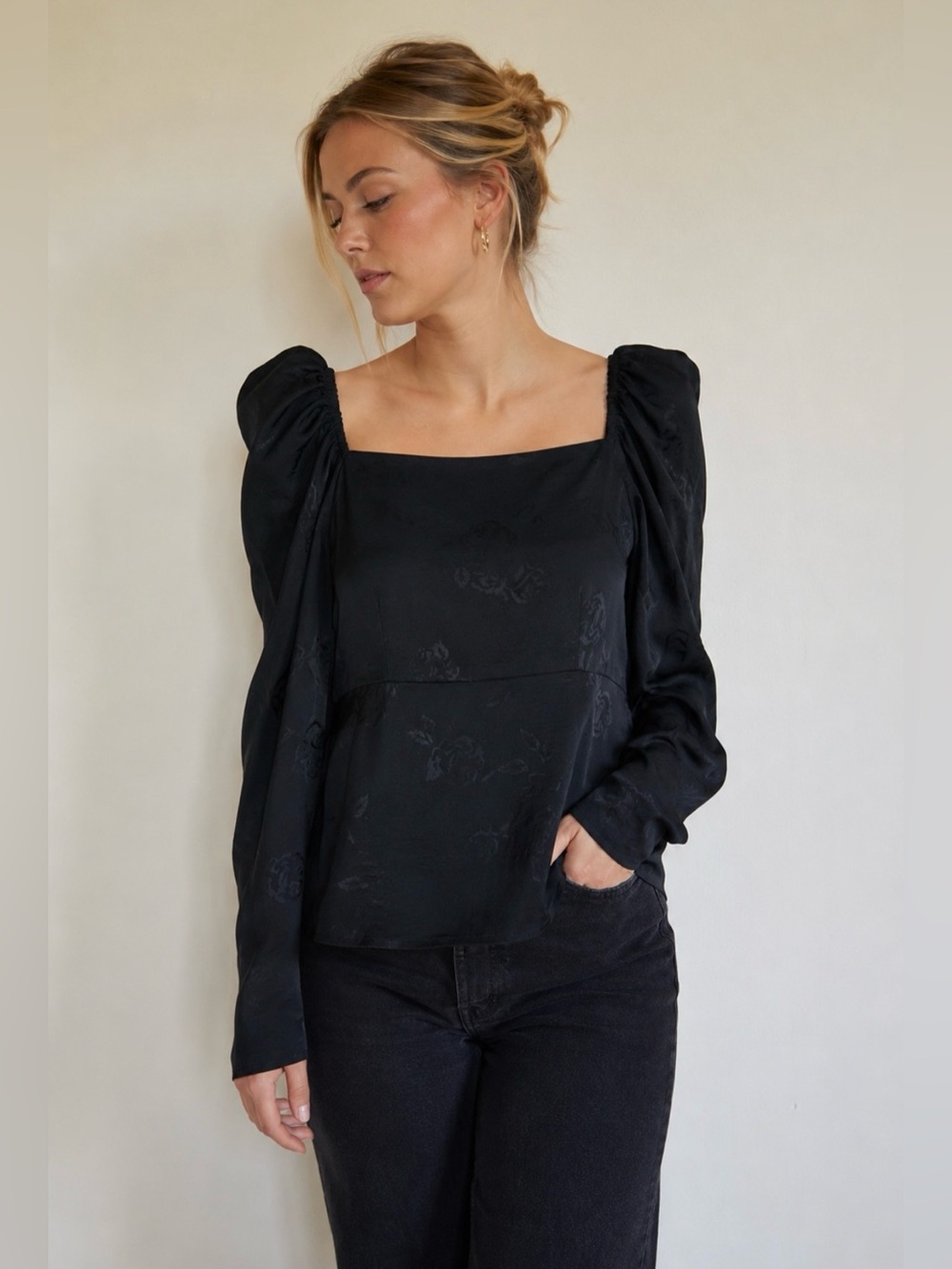 CRAS Black Floral Jacquard Puff Sleeve Square Neck Blouse Top EU 36 Small Roses